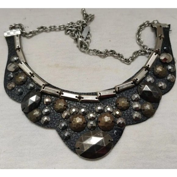 Daisy Fuentes Beaded Leather Bib Necklace 19" with 3" Extender Black Sil… - Picture 1 of 5